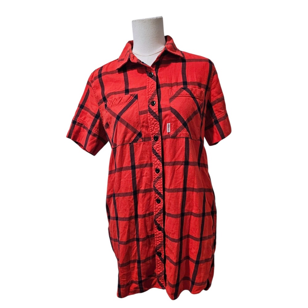Topo Designs Red Black Plaid Organic Cotton Short Sleeve Button Down Dress M